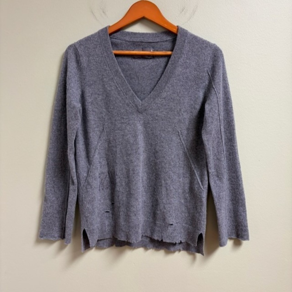 Zadig & Voltaire Shannon Cashmere Sweater Womens M Gray Distressed V Neck Logo